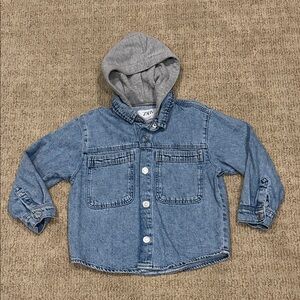 Zara Kids Denim Shirt Jacket with Gray Hood